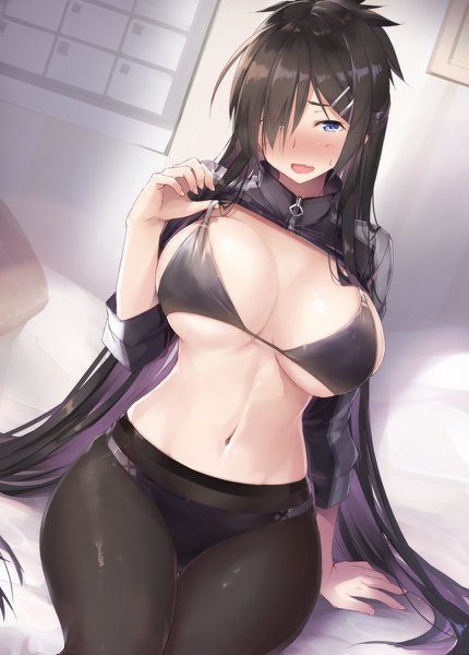Anime picture 860x1200 with original daidou (demitasse) single tall image looking at viewer blush fringe breasts open mouth blue eyes light erotic black hair large breasts sitting payot cleavage indoors very long hair :d multicolored hair