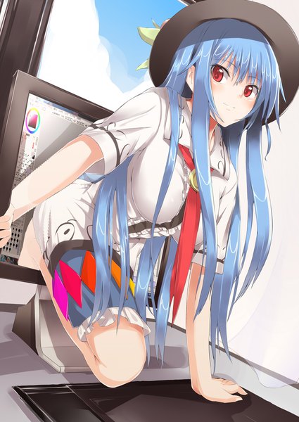 Anime picture 708x1000 with touhou hinanawi tenshi neropaso single long hair tall image looking at viewer blush fringe breasts hair between eyes red eyes payot blue hair sky cloud (clouds) bent knee (knees) light smile arm support through screen