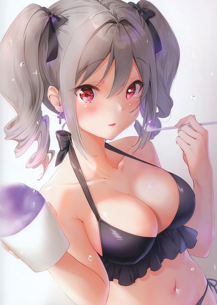 Anime picture 2440x3427 with idolmaster idolmaster cinderella girls kanzaki ranko kinako (shiratama mochi) single tall image looking at viewer blush fringe highres short hair breasts open mouth light erotic simple background hair between eyes red eyes large breasts twintails bare shoulders