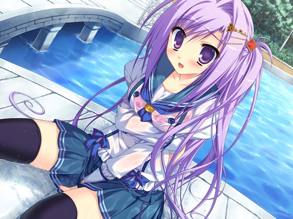 Anime picture 1200x900 with prismrhythm (game) tokitou kasumi sesena yau single long hair looking at viewer blush open mouth purple eyes game cg purple hair wet clothes girl thighhighs uniform hair ornament black thighhighs school uniform serafuku bobby pin