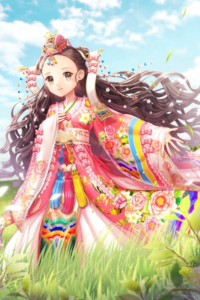 Anime picture 740x1110 with original saban single long hair tall image looking at viewer brown hair brown eyes sky cloud (clouds) traditional clothes girl hair ornament flower (flowers) plant (plants) leaf (leaves) grass