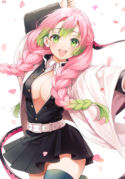Anime picture 700x1000 with kimetsu no yaiba ufotable kanroji mitsuri minori (faddy) single long hair tall image looking at viewer blush breasts open mouth light erotic large breasts green eyes pink hair braid (braids) traditional clothes :d japanese clothes multicolored hair