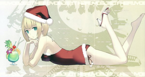 Anime picture 3380x1800 with heavy object j.c. staff milinda brantini nagi ryou single looking at viewer fringe highres short hair breasts light erotic blonde hair wide image bare shoulders green eyes bent knee (knees) lying parted lips scan arm support