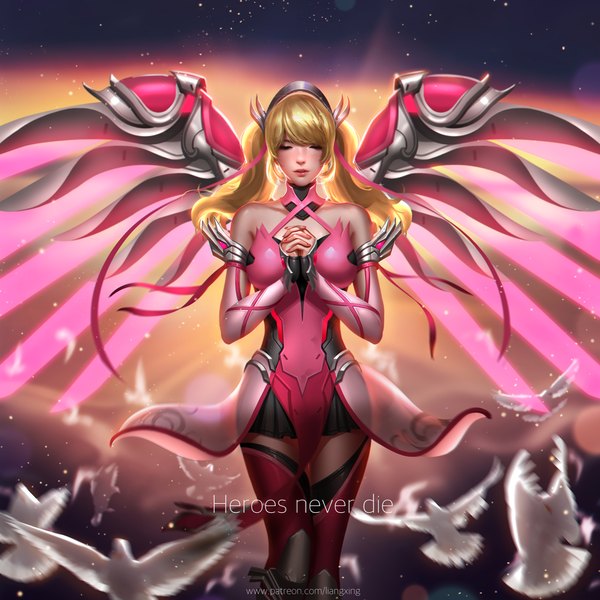 Anime picture 2000x2000 with overwatch blizzard entertainment mercy (overwatch) pink mercy liang xing single long hair fringe highres light erotic blonde hair standing twintails bare shoulders signed eyes closed nail polish lips sunlight blurry