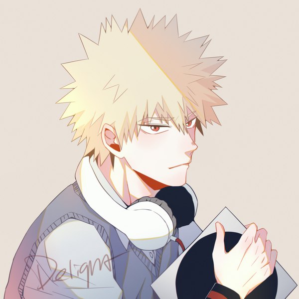 Anime picture 2000x2000 with boku no hero academia studio bones bakugou katsuki delight hsia single looking at viewer fringe highres short hair simple background blonde hair hair between eyes red eyes holding signed upper body sunlight grey background spiked hair headphones around neck