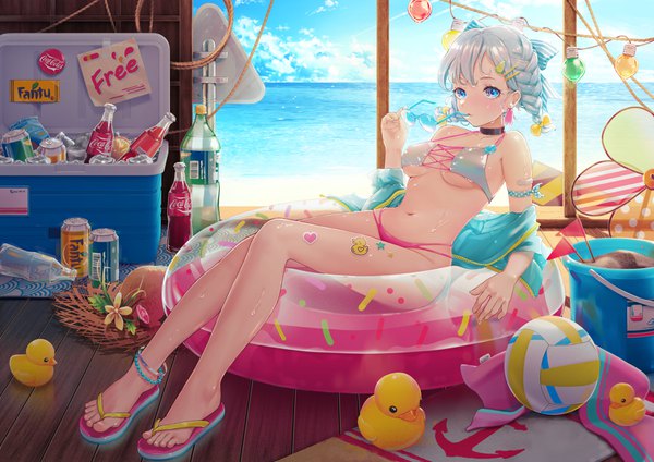 Anime picture 3508x2480 with original coca-cola fanta sprite zhuang yao single looking at viewer fringe highres short hair breasts blue eyes light erotic holding absurdres sky cloud (clouds) full body bent knee (knees) indoors