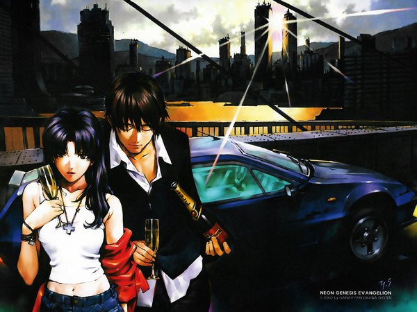 Anime picture 1024x768 with neon genesis evangelion gainax katsuragi misato sadamoto yoshiyuki ground vehicle car tagme