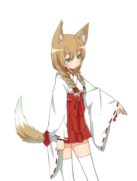 Anime picture 2259x2973 with original tadashi (tadashi1013) single long hair tall image blush fringe highres simple background hair between eyes brown hair standing white background green eyes animal ears looking away tail braid (braids) traditional clothes japanese clothes