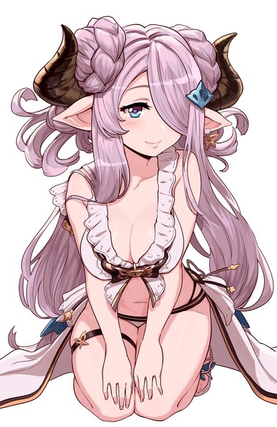 Anime picture 1014x1563 with granblue fantasy narmaya (granblue fantasy) narmaya (summer) (granblue fantasy) omaru gyuunyuu single long hair tall image blush fringe breasts blue eyes light erotic simple background large breasts white background bare shoulders looking away full body braid (braids) horn (horns)