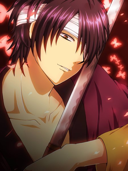 Anime picture 1500x2000 with gintama sunrise (studio) takasugi shinsuke single tall image short hair brown eyes purple hair traditional clothes japanese clothes boy weapon sword katana insect butterfly bandage (bandages)
