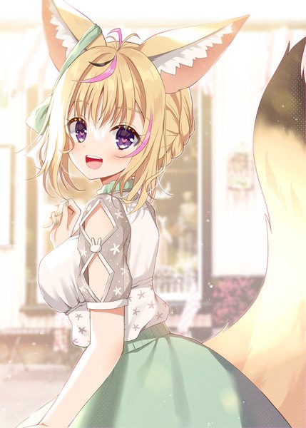 Anime picture 800x1119 with virtual youtuber hololive omaru polka mauve single tall image blush short hair open mouth blonde hair purple eyes animal ears looking away ahoge tail :d animal tail official alternate costume symbol-shaped pupils heart-shaped pupils