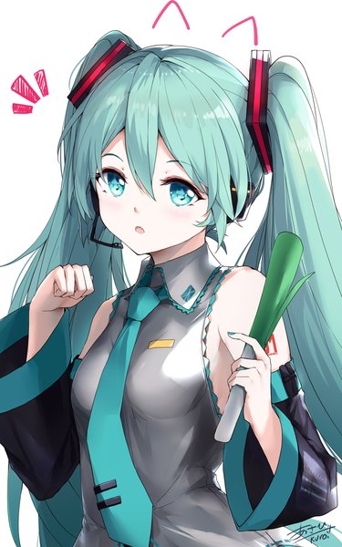 Anime picture 1274x2039 with vocaloid hatsune miku asahi kuroi single long hair tall image fringe open mouth simple background hair between eyes white background twintails upper body aqua eyes aqua hair :o paw pose girl detached sleeves necktie