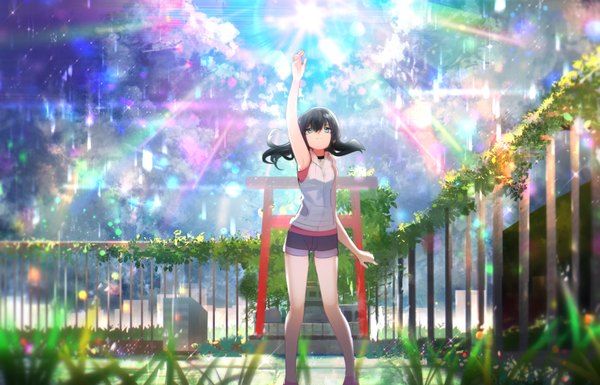 Anime picture 1613x1036 with tenki no ko amano hina (tenki no ko) tarbo (exxxpiation) single long hair fringe blue eyes hair between eyes standing twintails outdoors arm up light smile sparkle sleeveless floating hair low twintails light looking up girl