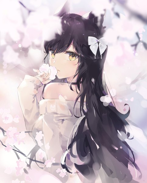 Anime picture 1870x2323 with original tr (hareru) single long hair tall image looking at viewer blush fringe highres black hair bare shoulders animal ears yellow eyes upper body long sleeves parted lips looking back from behind blurry cat ears