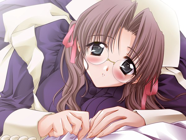 Anime picture 1200x900 with kao no nai tsuki blush game cg purple hair black eyes maid girl glasses