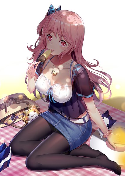 Anime picture 781x1100 with original emily stock ririko (zhuoyandesailaer) single long hair tall image looking at viewer breasts sitting pink hair full body pink eyes from above short sleeves no shoes one side up :p yokozuwari hat removed denim