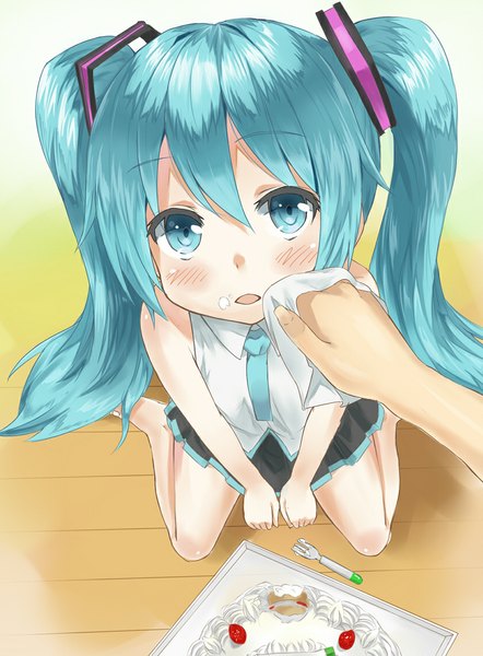 Anime picture 839x1139 with vocaloid hatsune miku heirou long hair tall image looking at viewer blush open mouth sitting twintails aqua eyes from above aqua hair sleeveless wariza food on face girl skirt miniskirt food