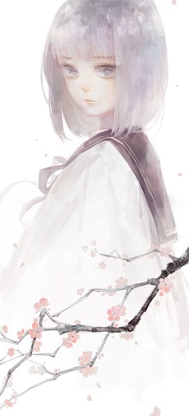 Anime picture 1000x2190 with original moss (2225028) single tall image looking at viewer fringe short hair simple background white background grey hair grey eyes cherry blossoms girl uniform plant (plants) tree (trees) serafuku branch