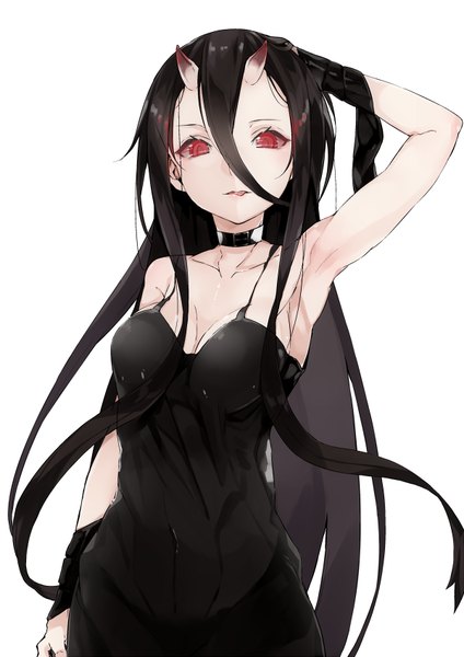 Anime picture 600x848 with kantai collection battleship-symbiotic hime akiha (attract) single long hair tall image looking at viewer fringe black hair hair between eyes red eyes arm behind head pale skin oni horns shinkaisei-kan girl dress black dress