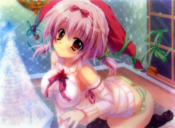 Anime picture 2800x2050 with original izumi tsubasu single fringe highres short hair breasts light erotic hair between eyes large breasts twintails bare shoulders brown eyes pink hair indoors from above fur trim christmas girl thighhighs