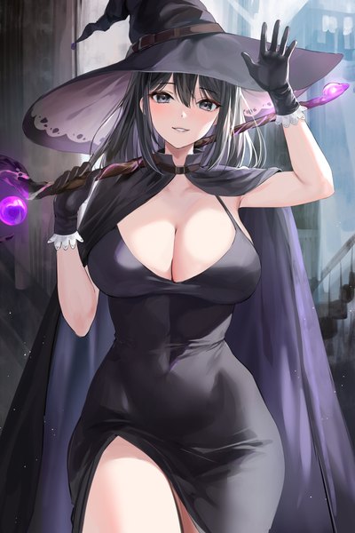 Anime picture 4000x6000 with original lillly single long hair tall image looking at viewer fringe highres breasts light erotic black hair hair between eyes large breasts standing holding absurdres cleavage parted lips arms up armpit (armpits)
