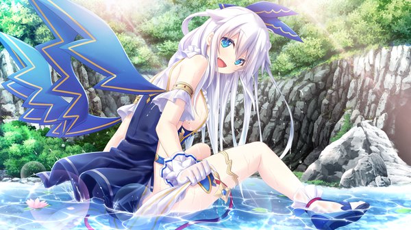 Anime picture 2048x1152 with amayui castle meister fia (amayui castle meister) yano mitsuki single long hair looking at viewer blush fringe highres breasts open mouth blue eyes light erotic smile hair between eyes wide image sitting bare shoulders outdoors white hair