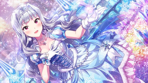 Anime picture 1282x722 with idolmaster idolmaster million live! idolmaster million live! theater days shijou takane single long hair looking at viewer blush open mouth wide image purple eyes cleavage silver hair sparkle dutch angle hand on chest snowing outstretched hand girl dress