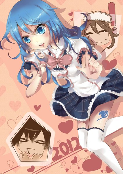Anime picture 2480x3507 with fairy tail gray fullbuster juvia lockser flsky (artist) single long hair tall image blush highres open mouth blue eyes blue hair looking away chibi girl thighhighs boy skirt ribbon (ribbons) white thighhighs