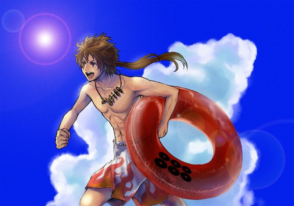 Anime picture 1171x820 with sengoku basara production i.g sanada yukimura single long hair open mouth brown hair brown eyes cloud (clouds) tail topless summer shorts pendant sun hachimaki