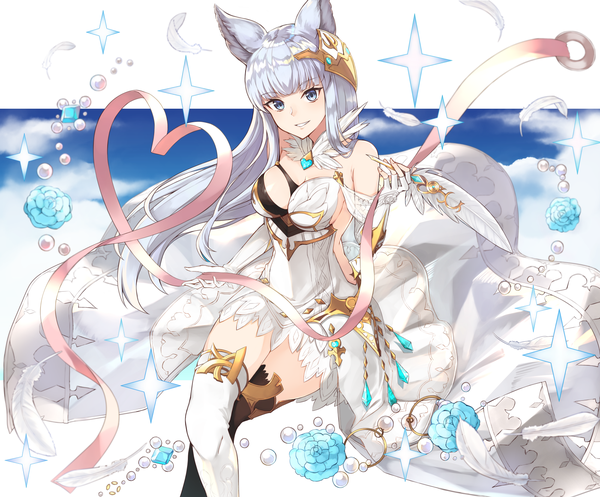 Anime picture 1600x1326 with granblue fantasy korwa (granblue fantasy) gen (gen 7254) single long hair looking at viewer fringe breasts blue eyes light erotic smile large breasts sitting bare shoulders holding animal ears sky cleavage cloud (clouds) blunt bangs