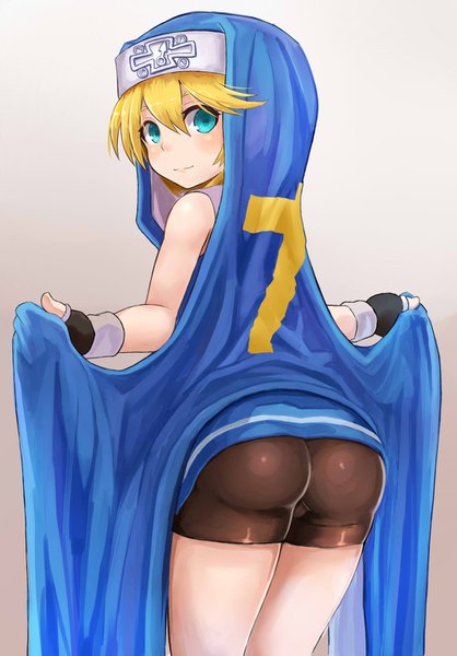 Anime picture 1068x1532 with guilty gear bridget (guilty gear) okitsugu single long hair tall image looking at viewer blush fringe light erotic simple background blonde hair hair between eyes standing bare shoulders ass looking back aqua eyes light smile gradient background