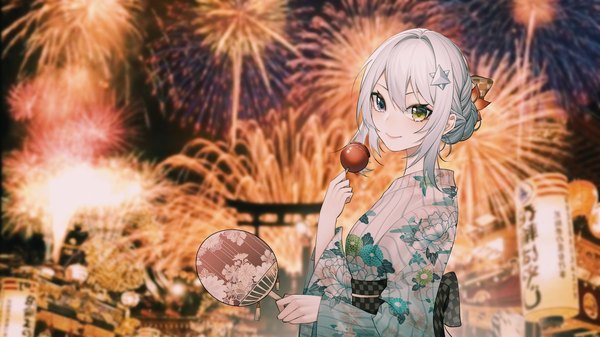 Anime picture 1890x1063 with original lanzero single looking at viewer fringe highres short hair blue eyes smile hair between eyes wide image holding yellow eyes payot upper body outdoors white hair traditional clothes japanese clothes blurry
