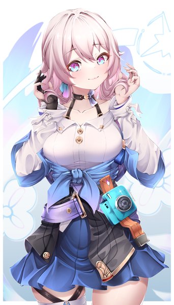 Anime picture 2910x5100 with honkai: star rail honkai (series) march 7th (honkai: star rail) shironagase single tall image fringe highres short hair smile hair between eyes standing pink hair border adjusting hair outside border multicolored eyes front-tie top girl camera