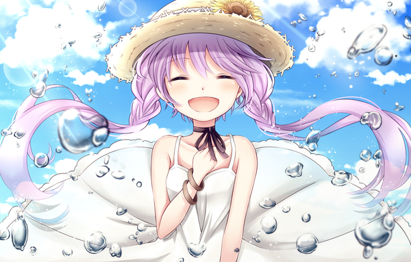 Anime picture 1409x901 with vocaloid yuzuki yukari yamagara single long hair blush fringe open mouth bare shoulders sky purple hair cloud (clouds) braid (braids) eyes closed sunlight twin braids hand on chest happy laughing girl