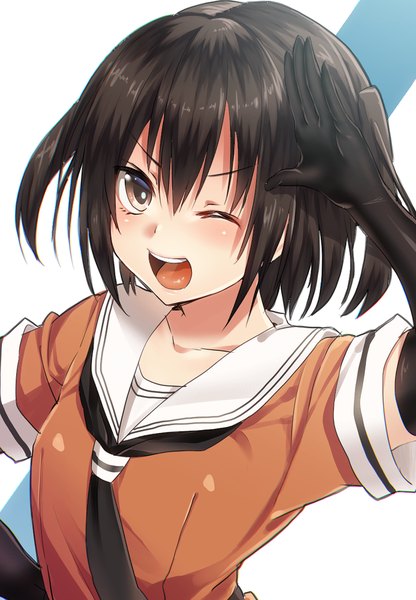 Anime picture 700x1009 with kantai collection sendai light cruiser keita (tundereyuina) single tall image looking at viewer blush fringe short hair open mouth simple background smile hair between eyes brown hair white background brown eyes upper body one eye closed arm up wink