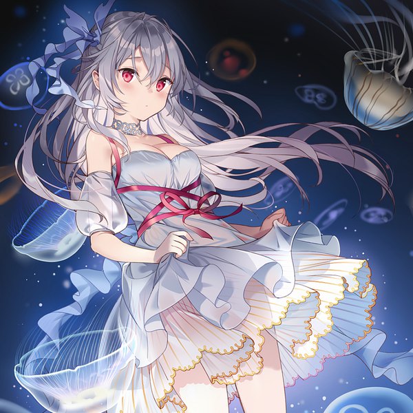 Anime picture 900x900 with original rie (reverie) single long hair looking at viewer blush fringe breasts hair between eyes red eyes cleavage grey hair puffy sleeves floating hair underwater dress lift girl dress ribbon (ribbons) hair ribbon