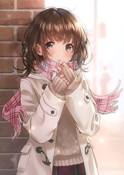Anime picture 2105x2952 with original morikura en single tall image looking at viewer blush fringe highres short hair brown hair standing holding signed parted lips scan grey eyes twitter username sleeves past wrists plaid skirt exhalation