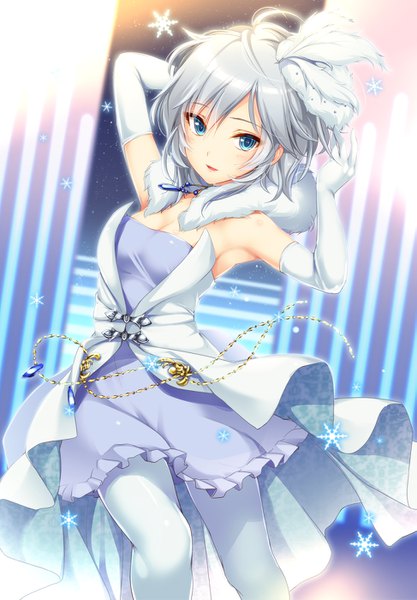 Anime picture 973x1400 with idolmaster idolmaster cinderella girls anastasia (idolmaster) moneti (daifuku) single tall image looking at viewer short hair blue eyes silver hair pure white memories girl dress gloves hair ornament pantyhose elbow gloves white gloves snowflake (snowflakes) strapless dress