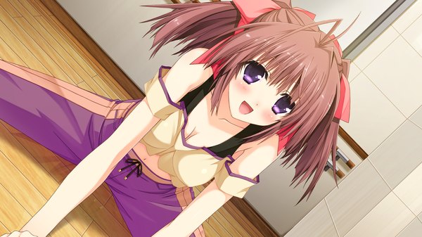 Anime picture 1920x1080 with berry's izuno youko kimizuka aoi blush highres short hair open mouth light erotic brown hair wide image purple eyes twintails bare shoulders game cg short twintails girl bow hair bow