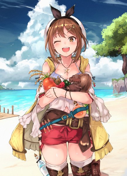 Anime picture 1808x2500 with atelier (series) atelier ryza gust (company) reisalin stout maki (maki pei) single tall image looking at viewer blush fringe highres short hair breasts open mouth smile brown hair standing holding yellow eyes payot