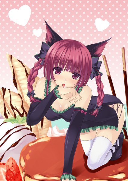 Anime picture 1000x1412 with touhou kaenbyou rin iroha (unyun) single long hair tall image blush red eyes animal ears red hair braid (braids) cat ears cat girl twin braids girl thighhighs dress bow hair bow detached sleeves