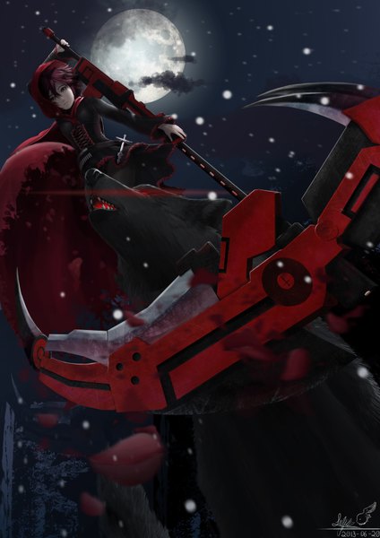 Anime picture 2480x3508 with rwby rooster teeth ruby rose lepus single tall image looking at viewer highres short hair signed absurdres sky cloud (clouds) red hair night sky snowing girl dress weapon animal