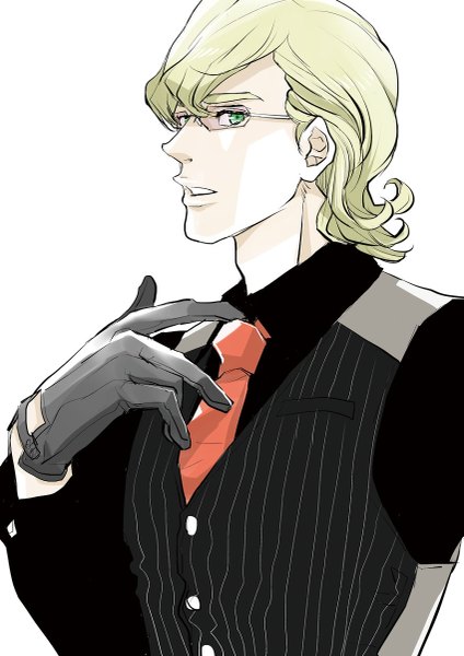 Anime picture 849x1200 with tiger & bunny sunrise (studio) barnaby brooks jr. yumi yuki (artist) single tall image fringe short hair simple background blonde hair white background green eyes profile drill hair wavy hair adjusting necktie boy gloves shirt glasses