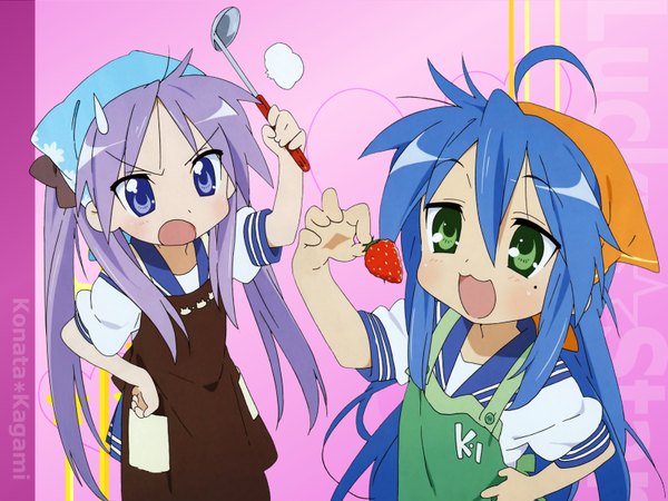 Anime picture 1600x1200 with lucky star kyoto animation izumi konata hiiragi kagami girl food berry (berries) strawberry