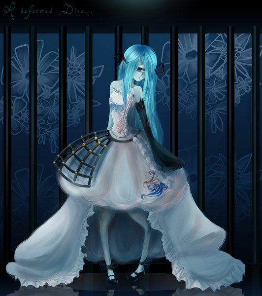 Anime picture 2000x2255 with project diva vocaloid hatsune miku yamineftis single long hair tall image highres bare shoulders aqua hair pale skin girl dress detached sleeves bars