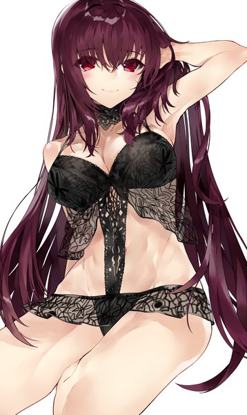 Anime picture 1000x1676 with fate (series) fate/grand order scathach (fate) (all) scathach (swimsuit assassin) (fate) kou mashiro single long hair tall image looking at viewer fringe breasts light erotic simple background smile hair between eyes red eyes large breasts white background purple hair armpit (armpits)
