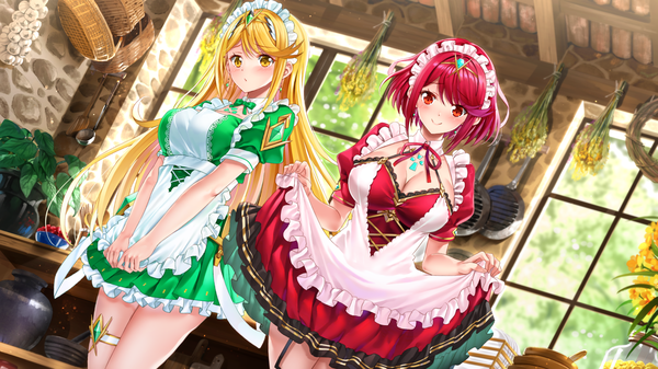 Anime picture 1920x1080 with xenoblade xenoblade 2 pyra (xenoblade) mythra (xenoblade) swordsouls long hair looking at viewer blush fringe highres short hair breasts light erotic blonde hair smile hair between eyes red eyes wide image large breasts standing