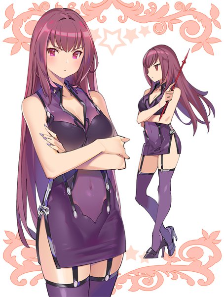 Anime picture 606x800 with fate (series) fate/grand order scathach (fate) (all) scathach (fate) popqn single long hair tall image blush fringe breasts light erotic standing bare shoulders cleavage purple hair full body nail polish profile pink eyes