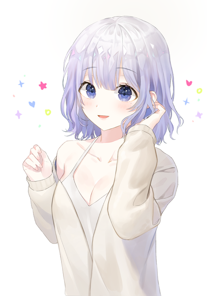 Anime picture 1482x2115 with original ppyono single tall image blush short hair breasts open mouth simple background white background purple eyes looking away cleavage purple hair upper body mole mole under eye adjusting hair girl cardigan