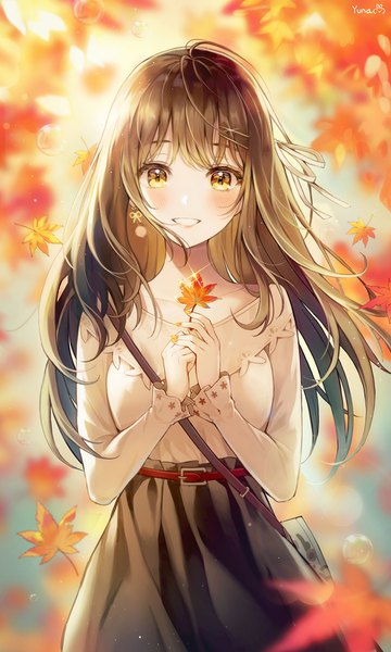 Anime picture 1000x1666 with original yuna (deadawon) single long hair tall image looking at viewer blush fringe smile brown hair standing holding brown eyes signed payot ahoge outdoors nail polish wind blurry